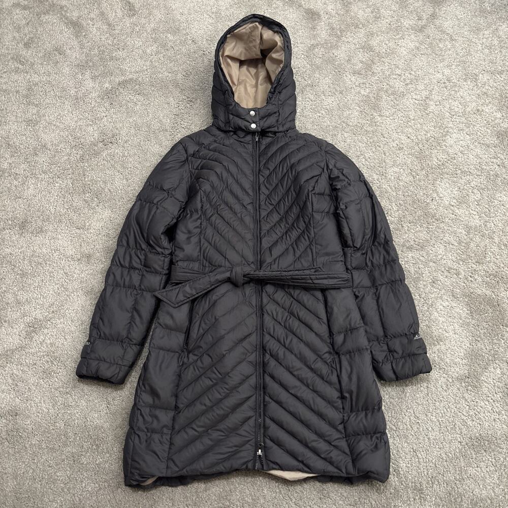 Eddie Bauer Gray Down Puffer Long Jacket Women’s L EB650 Belted Hooded Full Zip